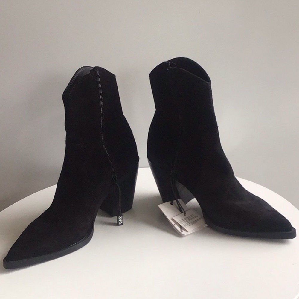 Zara leather western Black Suede heeled Ankle Boots - Picture 15 of 16